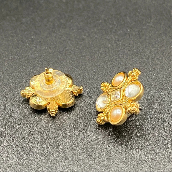 Dainty Faux Pearl and Gold Tone Stud Earrings pierced - Picture 10 of 11